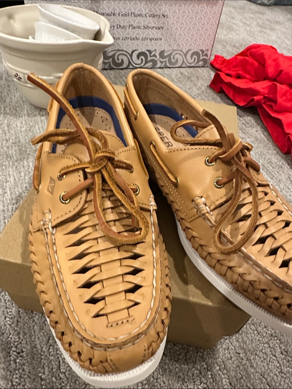 Sperry Women New 7.5 Woven Leather Boat Shoes - Tan